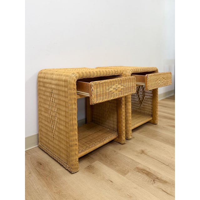 Pair of Vintage Wicker Arched Nightstands Coastal Regency Bedside Tables For Sale - Image 9 of 12