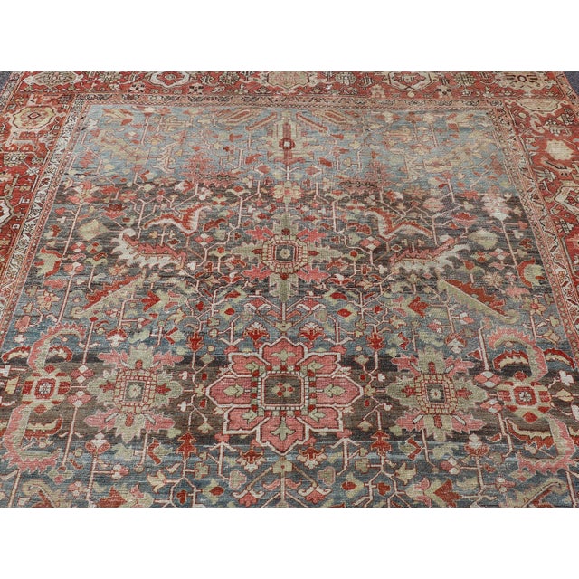 Persian Antique Serapi Rug With All-Over Geometric Design in Gray-Blue and Red For Sale In Atlanta - Image 6 of 14