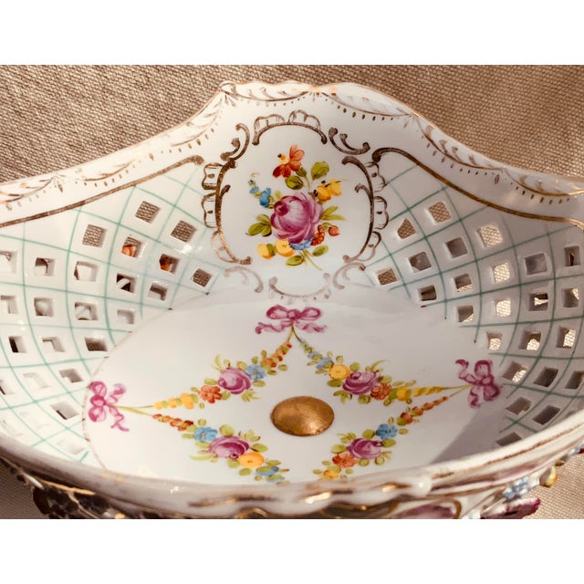 Spectacular Carl Thieme Dresden Porcelain Compote | Early 1900s Reticulated Centerpiece With Figures For Sale - Image 11 of 12