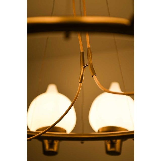 Hans Bergström Scandinavian Modern Hanging Lamp in Brass and Opaline Glass by Hans Bergström, 1940s For Sale - Image 4 of 13