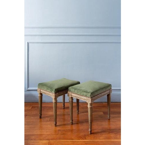 French Louis XVI Upholstered Painted Ottomans, 19th Century, Set of 2 For Sale - Image 3 of 14