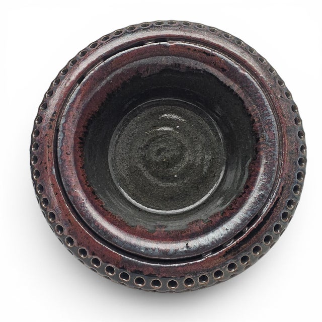 1970s Vintage California Studio Pottery Double Wall Perforated Ikebana Stoneware Bowl For Sale - Image 5 of 11