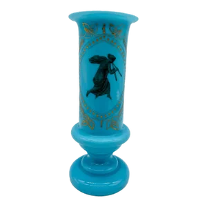 Antique Blue Opaline Bristol Etched Glass Vase W/ Etched Roman Goddess