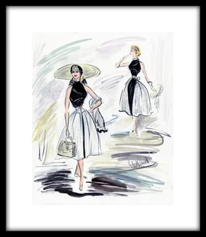1950s Reproduction Framed Print of Original Costume Sketch by Edith Head for Grace Kelly "How to Catch a Thief"