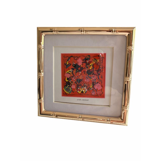 1980s Authentic Original Vintage 1980's Hermès “Le Bal Masqué” Scarf Art Advertisement Print in Gold Faux Bamboo Frame For Sale - Image 5 of 10