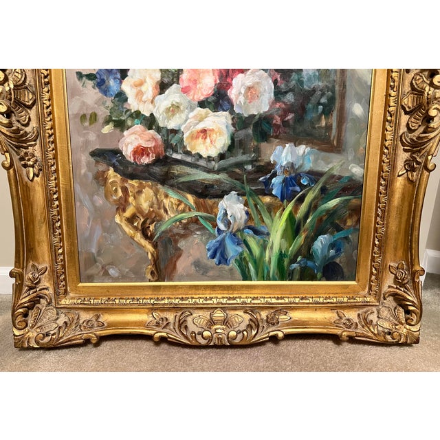 Large Impressionist Original Painting on Canvas Still Life Flowers 33x39 Signed Robis Ornate Victorian Style Frame For Sale - Image 9 of 9