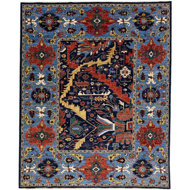 Navy Blue Multicolor Modern Serapi Style Handmade Allover Designed Wool Rug For Sale - Image 8 of 8