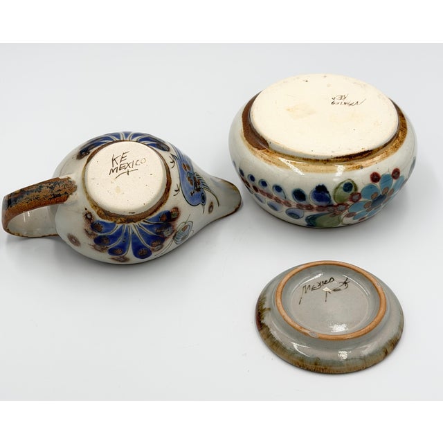 1960s 1960s Ken Edwards El Palomar Folk Art Tonala Pottery 2pc Set Covered Sugar Bowl and Creamer For Sale - Image 5 of 11