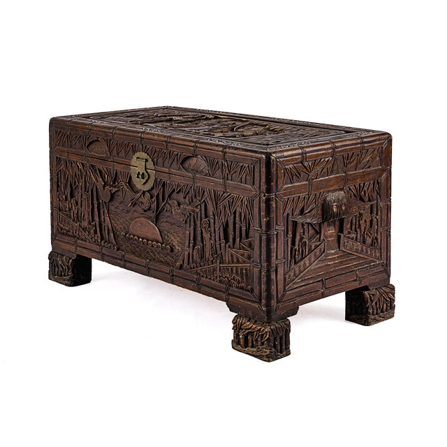 Vintage Antique Chinese Carved Camphor Chest Featuring Guan Yin. This early 20th century camphor chest has a high relief...