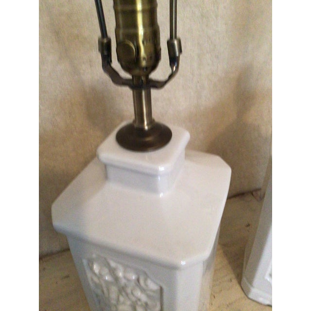 Vintage 1970s Blanc De Chine Lamps With Carved Floral Motif - A Pair For Sale - Image 4 of 6