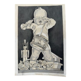 1940s Original Signed Graphite Illustration of Crying Child With Drum and Trumpet, 10.5 × 7.5 In. For Sale