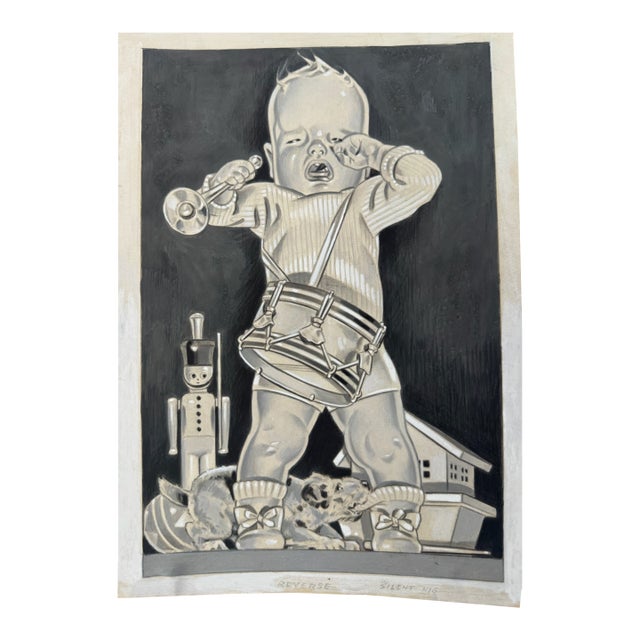1940s Original Signed Graphite Illustration of Crying Child With Drum and Trumpet, 10.5 × 7.5 In. For Sale