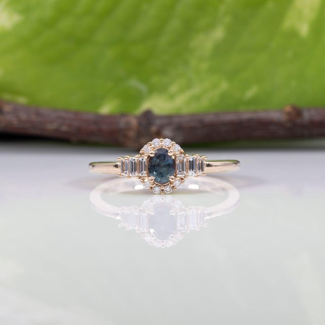 Blue Alexandrite Ring With Earth-Mined Diamond Accents in Solid 14k Gold, 5x3.5mm For Sale - Image 8 of 12