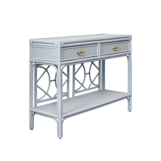 Contemporary Matthew Izzo Home Gideon Light Blue Two Drawer Console Table With Decorative Rattan Back and Brass Hardware For Sale - Image 3 of 8