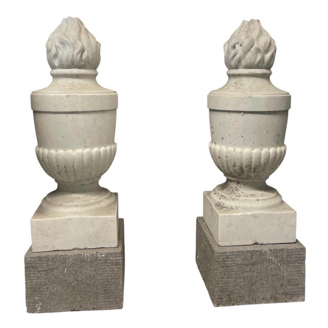 2000 - 2009 A Pair of Vintage Neoclassical Carved White Marble Flame Finials on Granite Bases For Sale - Image 5 of 12