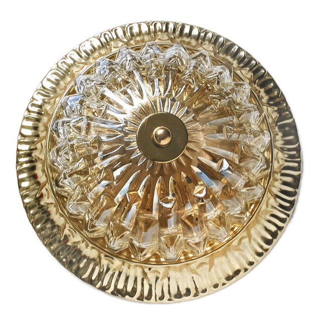 Mid-Century Modern Wall or Ceiling Light with an exceptionally textured amber glass on a brass base. This rare light,...