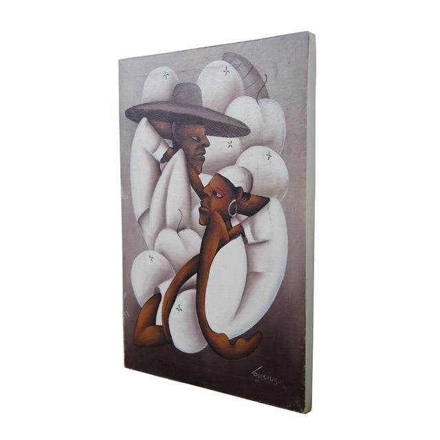 Late 20th century oil on canvas painting by Jean Louisius. Depicts a pair of seated figures / Haitian laborers dressed in...