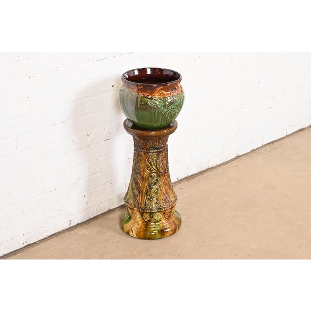 Art Nouveau Roseville Pottery Glazed Ceramic Jardiniere With Pedestal Stand, Circa 1940s For Sale - Image 3 of 12