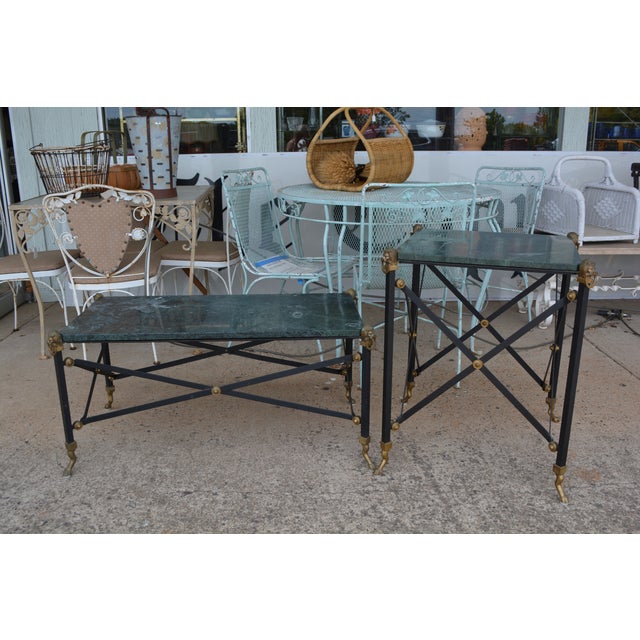 This vintage set has been well loved! Criss cross metal base with brass medallions (screw on in pairs), lion heads...