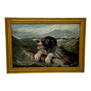 Antique Late 19th Century British Seascape Oil Painting Saint Bernard Dog Swamped Shipwrecked Approa For Sale