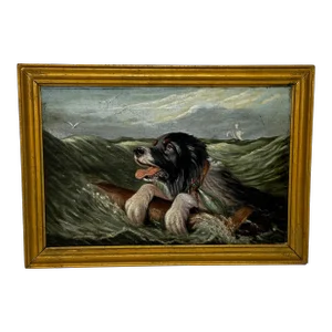 Antique Late 19th Century British Seascape Oil Painting Saint Bernard Dog Swamped Shipwrecked Approa