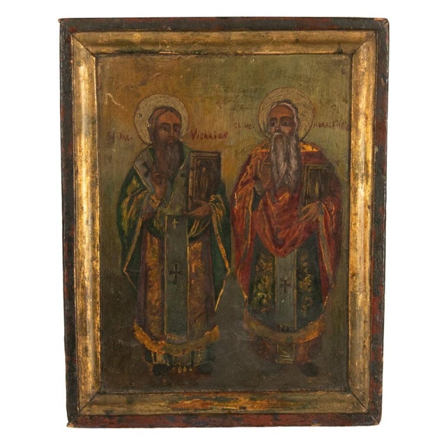 Religious Antique Greek Orthodox Gilded Hand-Painted Egg Tempera Double Sided Icon, 1850 For Sale - Image 3 of 15