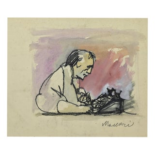 Mino Maccari, Telephone, Charcoal & Watercolor, 1965 For Sale