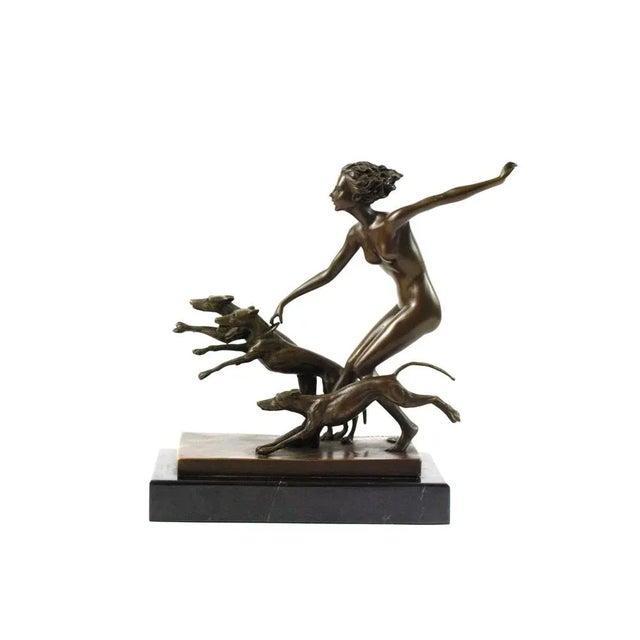 Metal Josef Lorenzl, Art Deco Female Nude with Dogs, 1920s, Bronze on Marble Base For Sale - Image 7 of 10