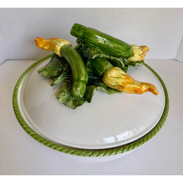 Late 20th Century Italian Bassano Del Grappa Covered Vegetable Tureen With Sculptural Zucchini & Squash Blossom For Sale - Image 4 of 14
