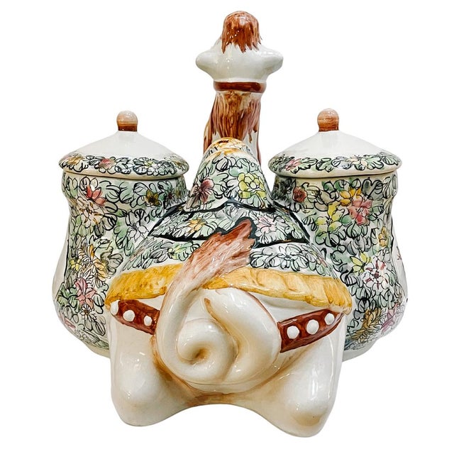 Camel Large Scale Mid-Century Italian Majolica Camel Figural Centerpiece With Chinoiserie Floral Covered Jars For Sale - Image 8 of 11