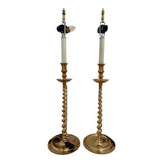 Pair of Large Vintage Solid Brass Candlestick Lamps For Sale
