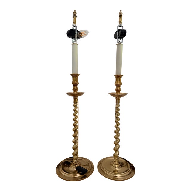 Pair of Large Vintage Solid Brass Candlestick Lamps For Sale