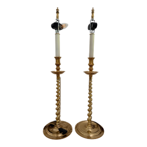 Pair of Large Vintage Solid Brass Candlestick Lamps