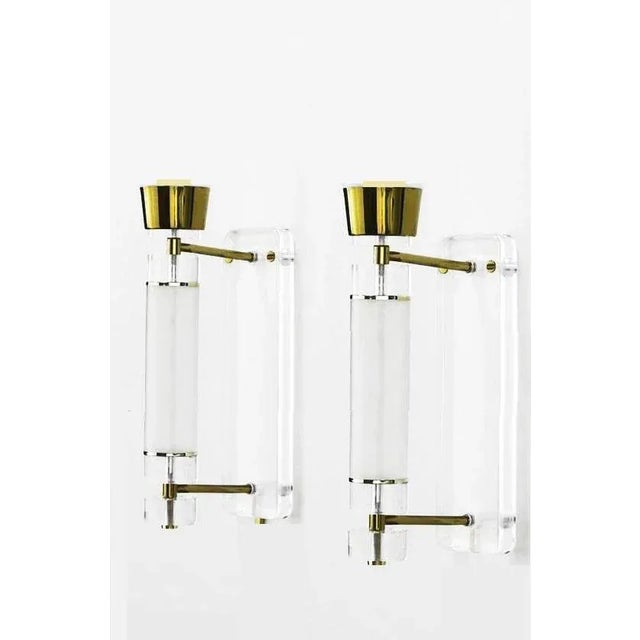 Pair of Mid Century Modern Lucite Glass & Brass Sconces.
