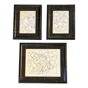 1980’s Collection of 3 Wayne Cunningham Abstract Ink Drawings Tabletop Frames-Set of 3