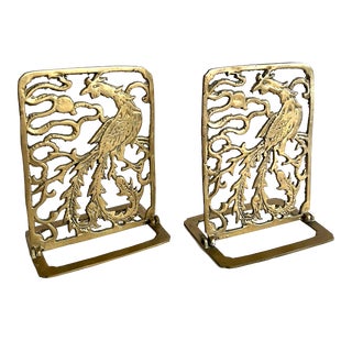 Vintage Brass Chinoiserie Phoenix Bookends- Set of 2 For Sale