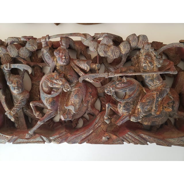 Antique Chinese Architectural Carving - Ming Dynasty Era - "Romance of the Three Kingdoms" - Double-Sided Polychrome Lintel For Sale - Image 9 of 18
