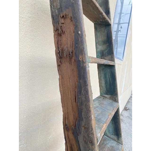 Wood Antique French Rustic Primitive Green Distress Painted Wooden Barn Ladder For Sale - Image 7 of 11