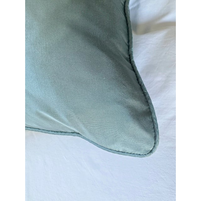Blue Pair of Custom Blue-Green Silk-Cotton Square Pillows With Cord Detail For Sale - Image 8 of 12