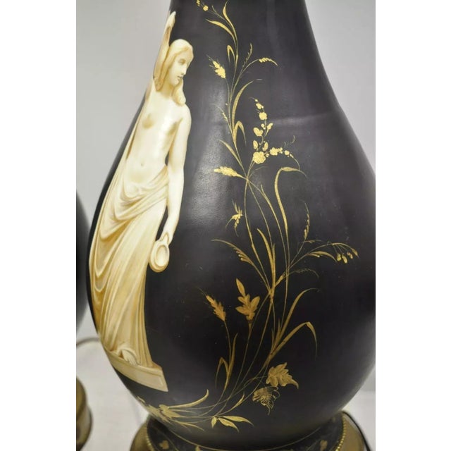 Metal Antique French Neoclassical Black Porcelain Classical Bulbous Table Lamps - Pair For Sale - Image 7 of 12