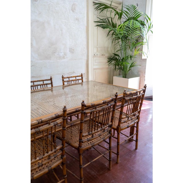 Faux Bamboo and Vienna Straw Dining Set, 1970s, Set of 7 For Sale - Image 6 of 9