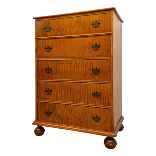 Vintage 5-Drawer Chest With Figured Wood Grain, Dovetailed Drawers and Brass-Toned Hardware For Sale
