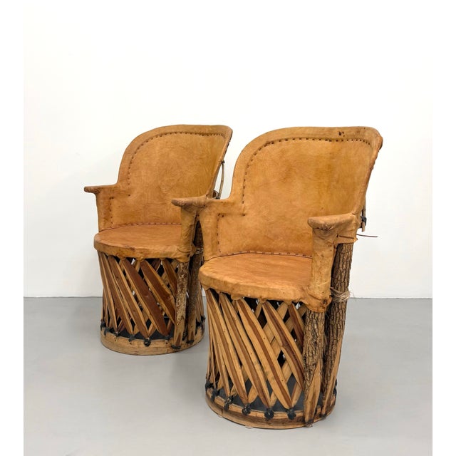 Vintage Leather & Wood Armchairs - A Pair For Sale - Image 4 of 8