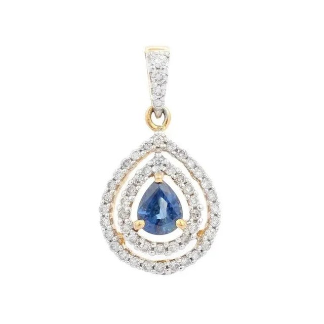 Metal 18k Yellow Gold Sapphire Pear Drop Pendant With Double Halo Diamond Setting For Sale - Image 7 of 11