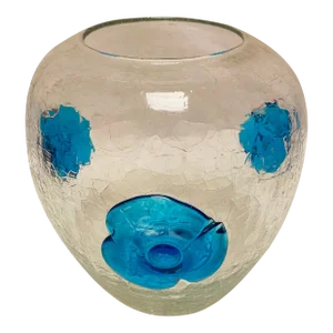Vintage Blenko 423S Hand-Blown Crackle Vase With Applied Blue Flower