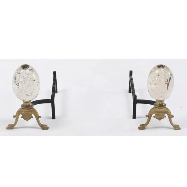 Modern Modernist Art Glass and Brass Andirons With Log Holder Circa 1970 For Sale - Image 3 of 6