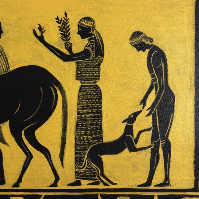 Black Vintage Hand Painted Egyptian Revival Tole Tray Black and Gold Pharaoh Motif Rectangular Serving Tray For Sale - Image 8 of 12