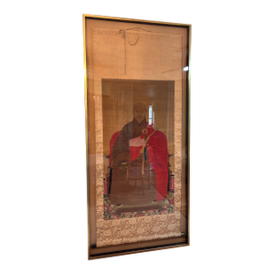 Vintage Chinese Hanging Scroll Ancestor Portrait Painting of Emperor on Gold Floral Silk