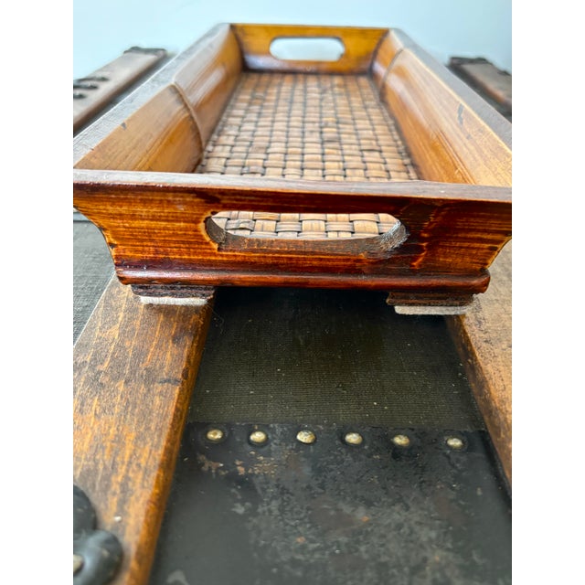 Late 20th Century Vintage British Colonial Platter Woven Bamboo Long Bar Tray 17.5" For Sale - Image 5 of 10