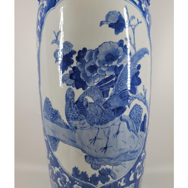 Grand 40" Vintage Blue & White Chinoiserie Floor Vase & Carved Stand For Sale In Austin - Image 6 of 17